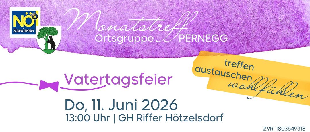 Ein Plakat für Monattreff Pernego Ortsgruppe mit einem violetten Hintergrund und weißen Text kündigt einen Tag der offenen Tür am 11. Juni 2026 um 13:00 Uhr bei GH Riffer Hotzelsdorf an.