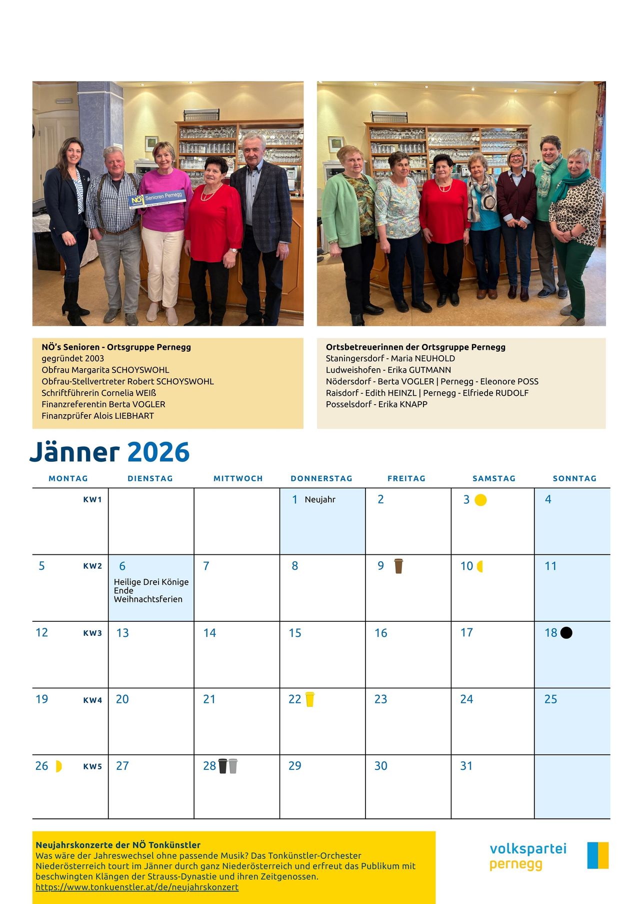 Ein Kalender für Januar 2026 mit Feiertagen und Veranstaltungen, darüber ein Bild von einer Gruppe von Menschen.