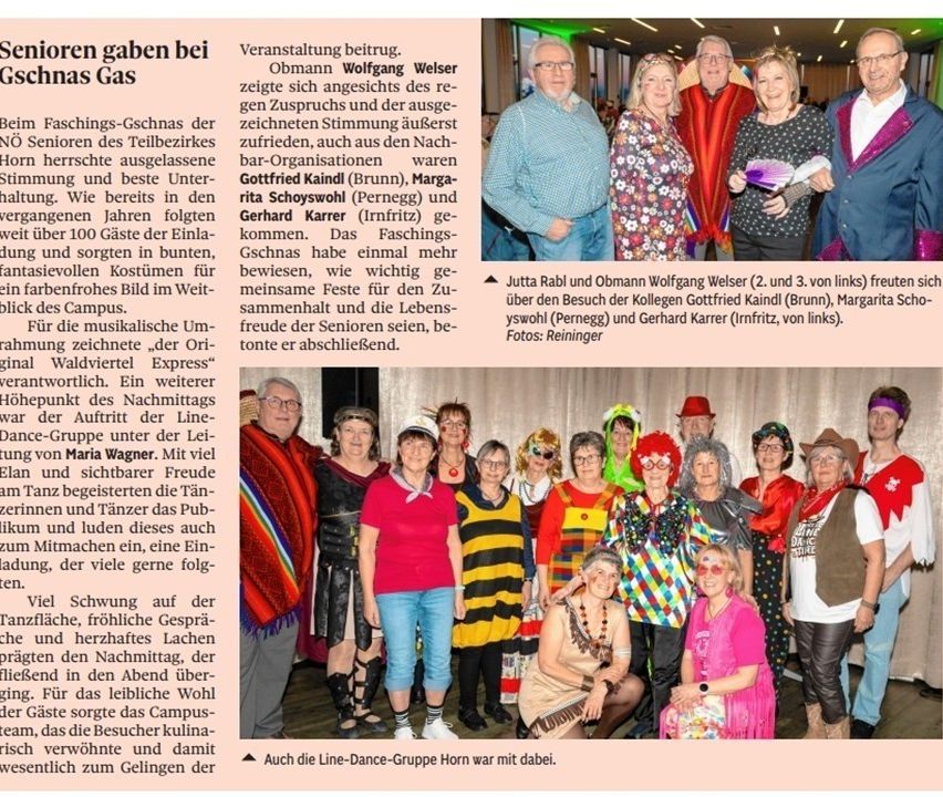 Der Artikel beschreibt eine Feier zum Ehren der Rentner des Teilbezirkes. Die Veranstaltung beinhaltete Musik, einen Besuch des Bürgermeisters und ein Gruppenfoto. Die Teilnehmer trugen farbenfrohe Kostüme und genossen ein festliches Abendessen. Die Veranstaltung wurde von den Anwesenden gut angenommen.