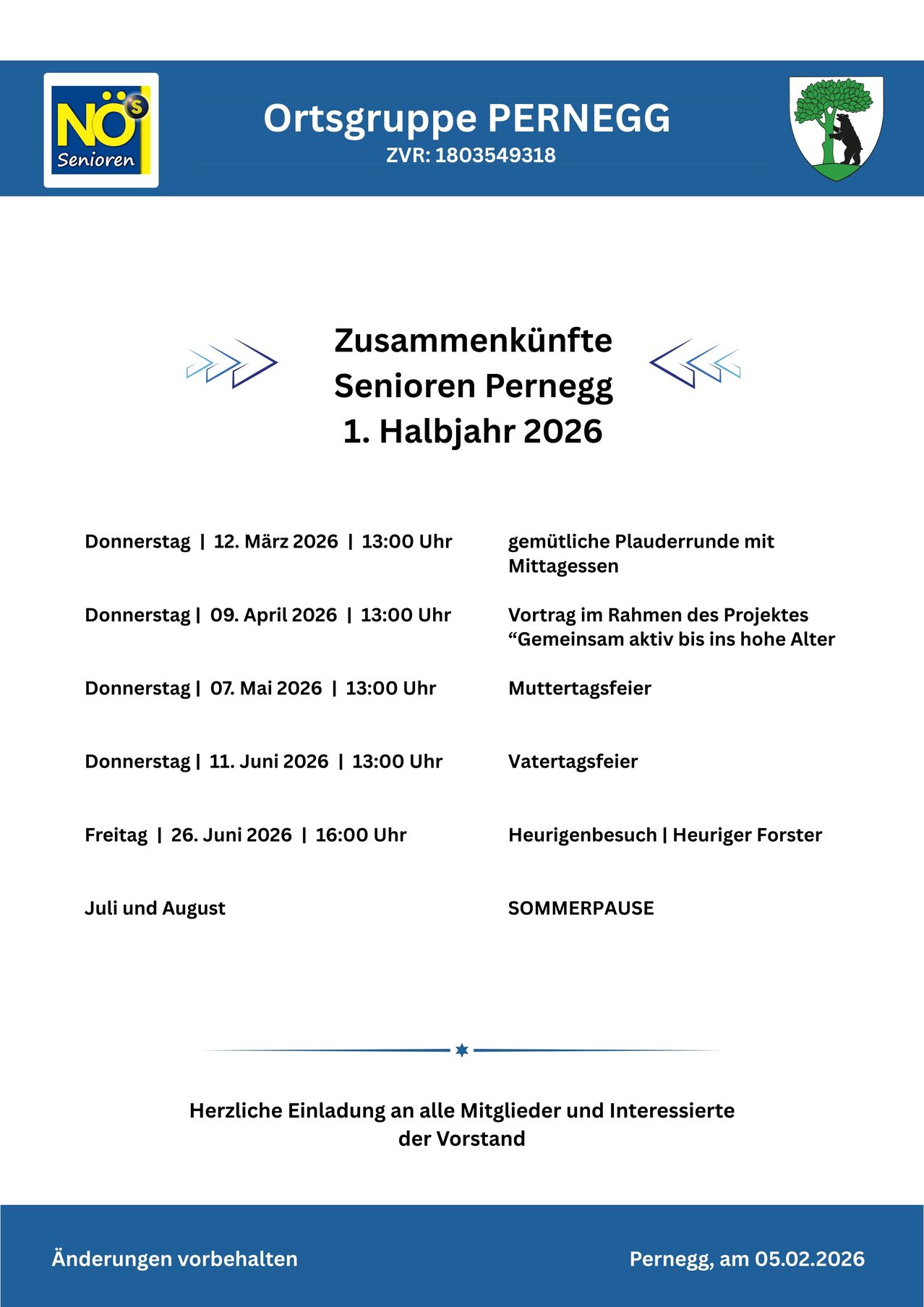 Treffen für Senioren in Pernegg, erste Hälfte 2026. Beinhaltet Spaziergänge, Vorträge, Feiern und eine Sommerpause. Beginnt am 12. März und endet am 26. Juni.