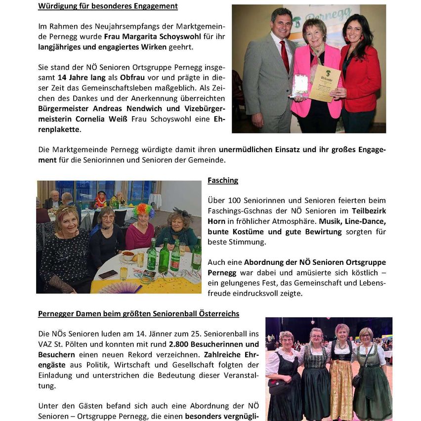 Recognition for long-term commitment. Frau Margarita Schoyswohl was honored for her years of dedicated service. The Mayor and Vice Mayor presented her with a plaque. Over 100 seniors celebrated at the NO Senioren Ortsgruppe Pernegg's annual carnival. The NO Senioren Ortsgruppe Pernegg celebrated with over 100 seniors.