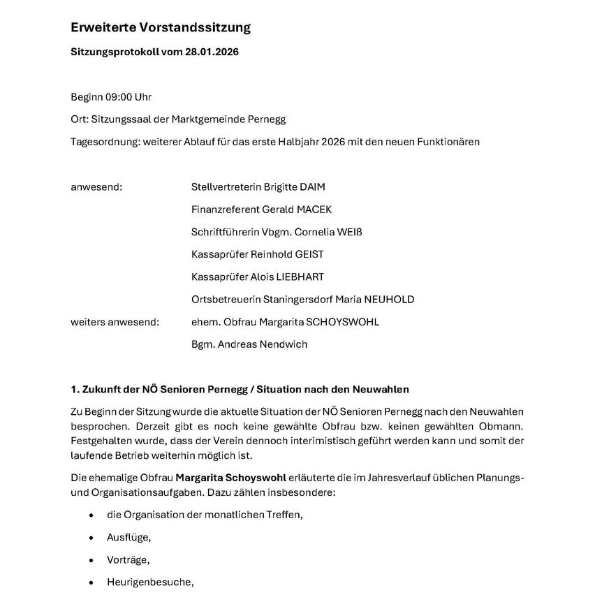 Protokoll der Sitzung der Marktgemeinde Pernegg vom 28.01.2026 beginnt um 09:00 Uhr. Es wurden keine neuen Mitglieder gewählt. Diskussionen über das erste Halbjahr 2026 mit den neuen Mitgliedern.