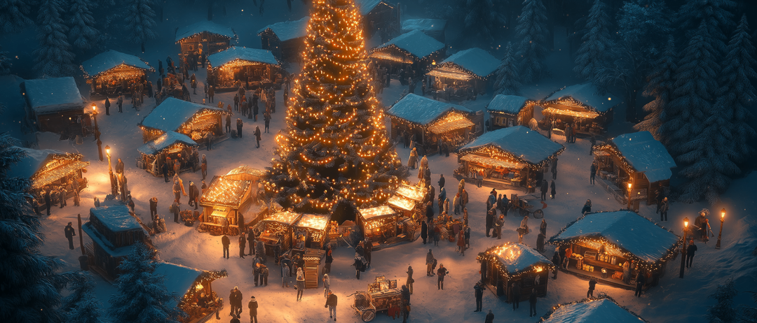 Ein festlicher Weihnachtsmarkt ist unter einem Nachthimmel in Betrieb, zentriert um einen großen, leuchtenden Weihnachtsbaum, geschmückt mit Lichtern. Um den Baum herum befinden sich zahlreiche kleine, beleuchtete Hütten, die Weihnachtsartikel verkaufen, mit Menschen, die herumwandern und einkaufen.