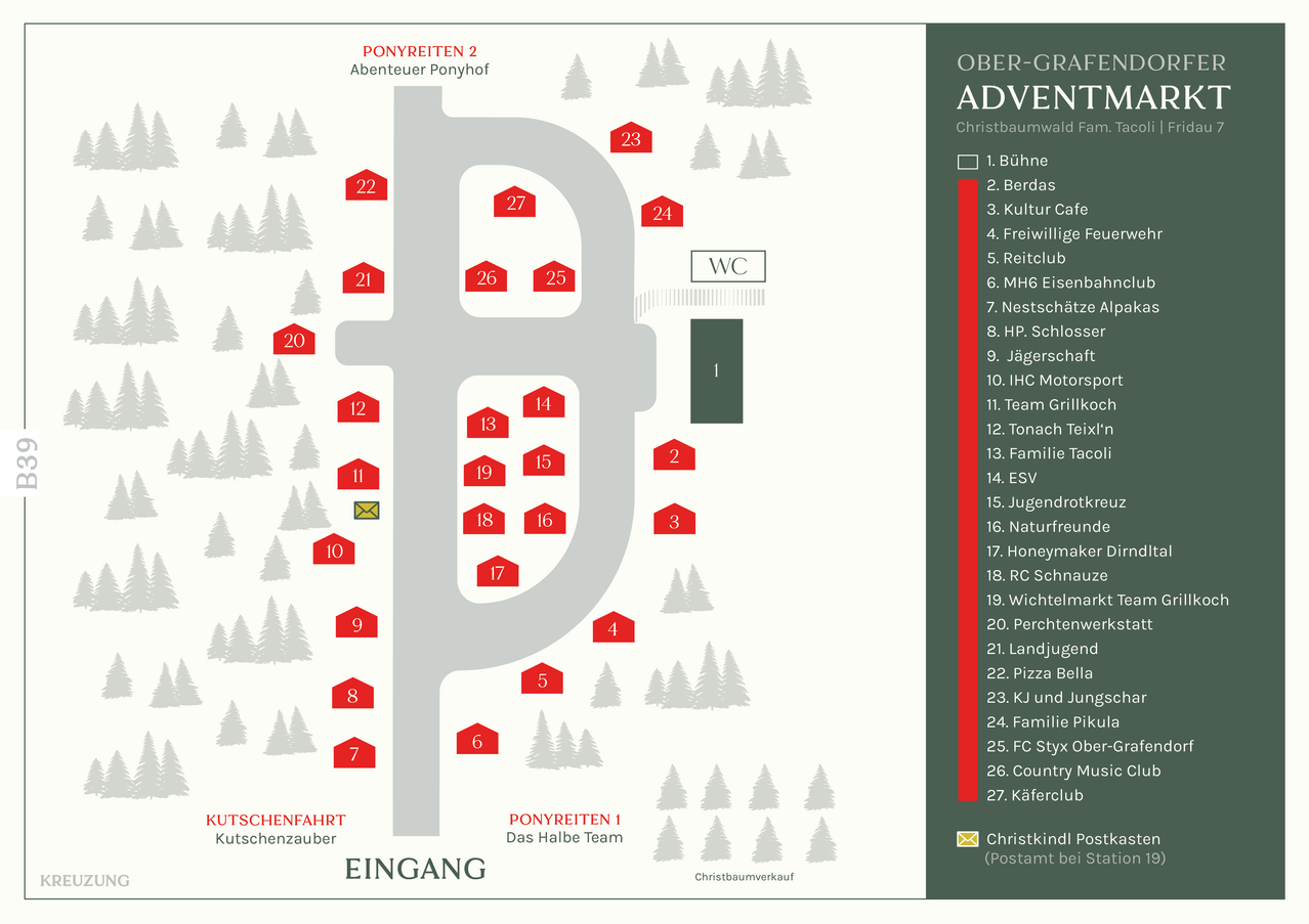 Karte eines Weihnachtsmarktes mit zwei Ponyreiten. Eines beschriftet mit Ponyreiten 1 und das andere mit Ponyreiten 2. Verschiedene nummerierte Haltestellen markiert. Adventskalender mit Aktivitäten.