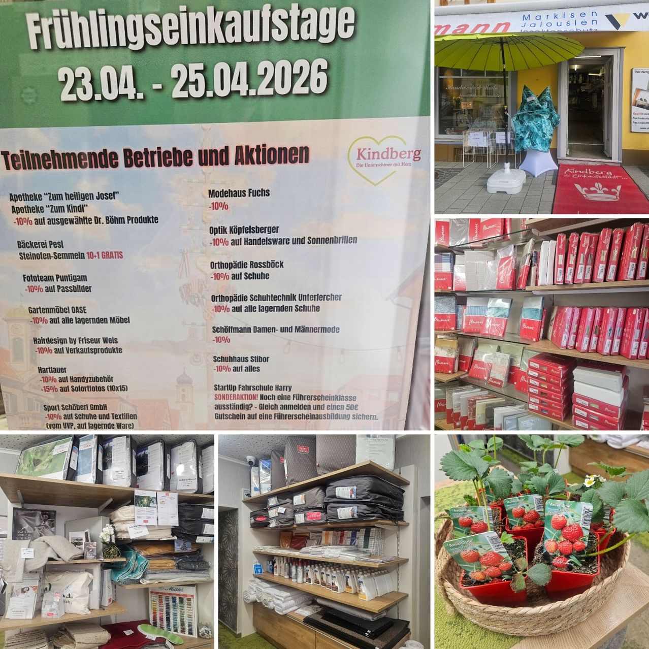 Das Bild zeigt ein Werbeflyer für einen Laden mit verschiedenen Rabatten. Es enthält Abschnitte für Rabatte auf Artikel wie Arzneimittel, Kleidung und Heimtextilien. Es gibt auch Bilder von einem Ladeneingang, einem Ladeninneren und einem Korb mit Erdbeeren.