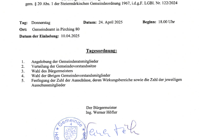 Dokument mit dem Titel 'Kundmachung' bezüglich einer öffentlichen Versammlung der Gemeindemitglieder. Es enthält Details wie Datum, Uhrzeit und Ort der Versammlung. Das Dokument ist vom Bürgermeister, Werner Hofler, unterzeichnet.