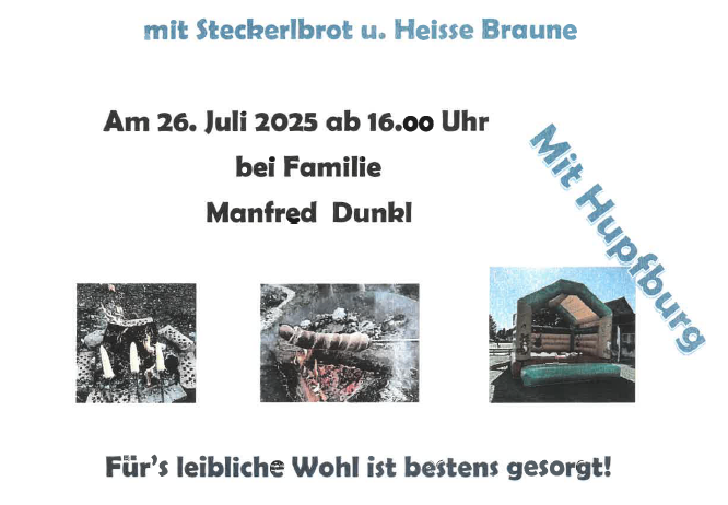 Eine Einladung zum Woazbrot'n mit Steckerlbrot und Heiße Braune. Am 26. Juli 2025 ab 16.00 Uhr bei Familie Manfred Dunkel. Die Dorfgemeinschaft Wetzwinkel freut sich auf Ihren Besuch.