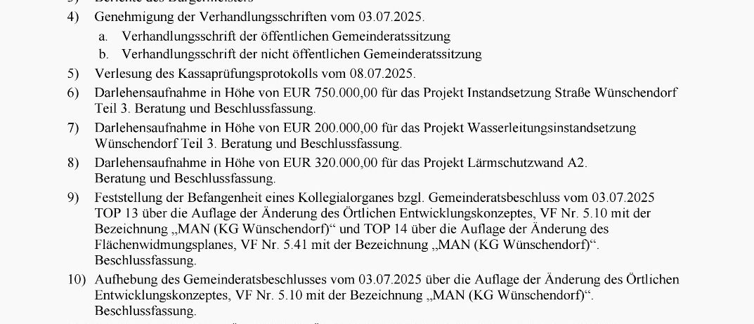 Dokument zur Gemeinderatssitzung, datiert vom 21. August 2025, Beginn um 19:00 Uhr im Gemeindeamt in Pirching 80. Es listet Tagesordnungspunkte wie Eröffnung, Genehmigung und Feststellung der Beschlussfähigkeit, Berichte des Bürgermeisters, Prüfung der Dokumente und finanzielle Angebote für verschiedene Projekte auf.