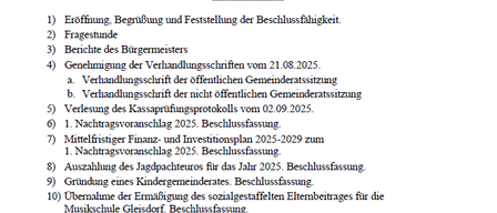 Kundmachung zur öffentlichen Gemeinderatssitzung. Tag: Donnerstag, 23. Oktober 2025. Beginn: 19:00 Uhr. Ort: Gemeindeamt in Pirching 80. Einladungsdatum: 15.10.2025. Tagesordnung: Eröffnung, Begrüßung und Feststellung der Beschlussfähigkeit, Berichte, Genehmigung der Protokolle, Leseprotokoll der Kassenprüfung, mehrere Beschlussfassungen. Bürgermeister: Werner Hofler.