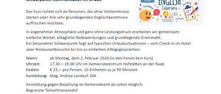 Der Englischkurs für Anfänger beginnt am 2. Februar 2026 und konzentriert sich auf Kommunikation im Urlaub. Keine Englischkenntnisse erforderlich. Lernen Sie einfache Wörter, Redewendungen und grundlegende Grammatik ohne Druck. Kursgebühr 25 Euro pro Person. Anmeldung im Rathaus möglich. Begrenzte Teilnehmerzahl.