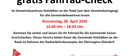 Plakat für kostenlosen Fahrrad-Check in Hofstätten an der Raab am 30. April 2026 von 14:00 bis 18:00 Uhr. Der Service ist für alle Gemeindebewohner.