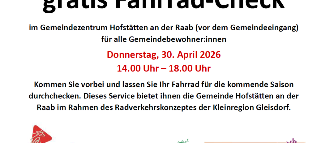 Plakat für kostenlosen Fahrrad-Check in Hofstätten an der Raab am 30. April 2026 von 14:00 bis 18:00 Uhr. Der Service ist für alle Gemeindebewohner.