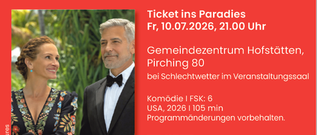 Ein Plakat für das Sommerkino in Hofstätten an der Raab. Es zeigt ein Paar auf der linken Seite und einen QR-Code auf der rechten Seite.