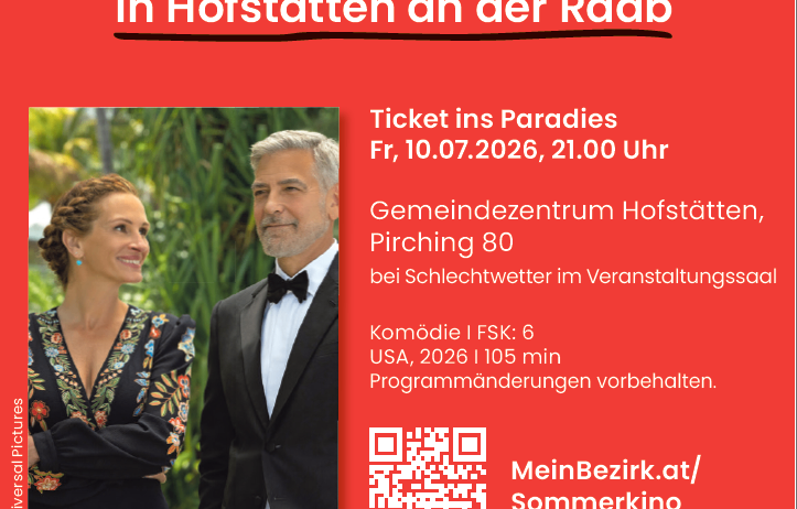 Ein Plakat für das Sommerkino in Hofstätten an der Raab. Es zeigt ein Paar auf der linken Seite und einen QR-Code auf der rechten Seite.