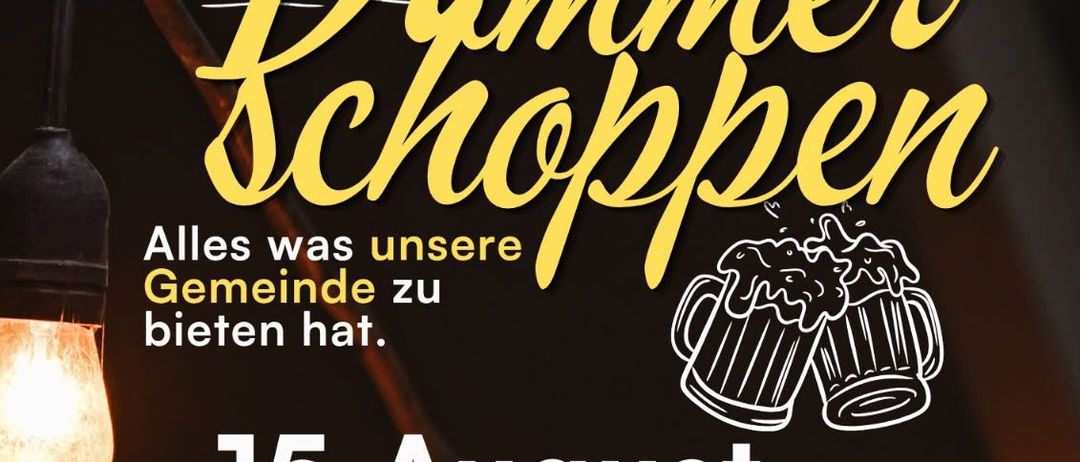 Plakat für ein regionales Grillevent bei Bauernbund am 15. August in Pfeifer-Stadt, Raabtal. Es zeigt eine Scheune, Biergläser und eine Glühbirne.