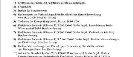 Ein Dokument mit dem Titel 'Kundmachung zur öffentlichen Gemeinderatssitzung' mit Details wie Datum, Uhrzeit und Tagesordnungspunkten, einschließlich der Genehmigung des Haushalts, Berichte und verschiedene Projektentscheidungen.