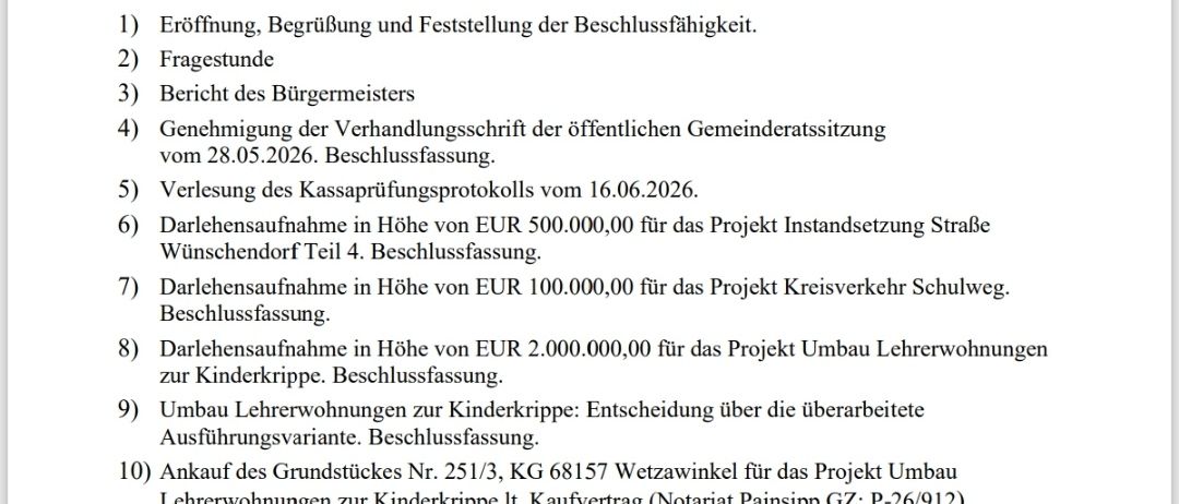 Ein Dokument mit dem Titel 'Kundmachung zur öffentlichen Gemeinderatssitzung' mit Details wie Datum, Uhrzeit und Tagesordnungspunkten, einschließlich der Genehmigung des Haushalts, Berichte und verschiedene Projektentscheidungen.