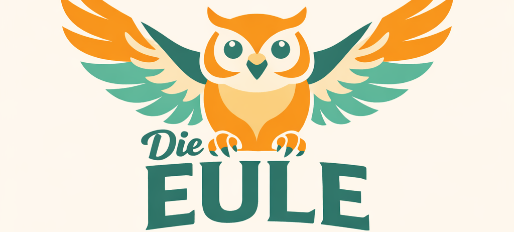 Ein Logo mit einer Eule, deren Flügel weit ausgebreitet sind, und der Aufschrift 'Die EULE'. Die Eule ist orange mit grünen Federn und schaut nach vorne. Der Hintergrund ist schlicht und weiß.