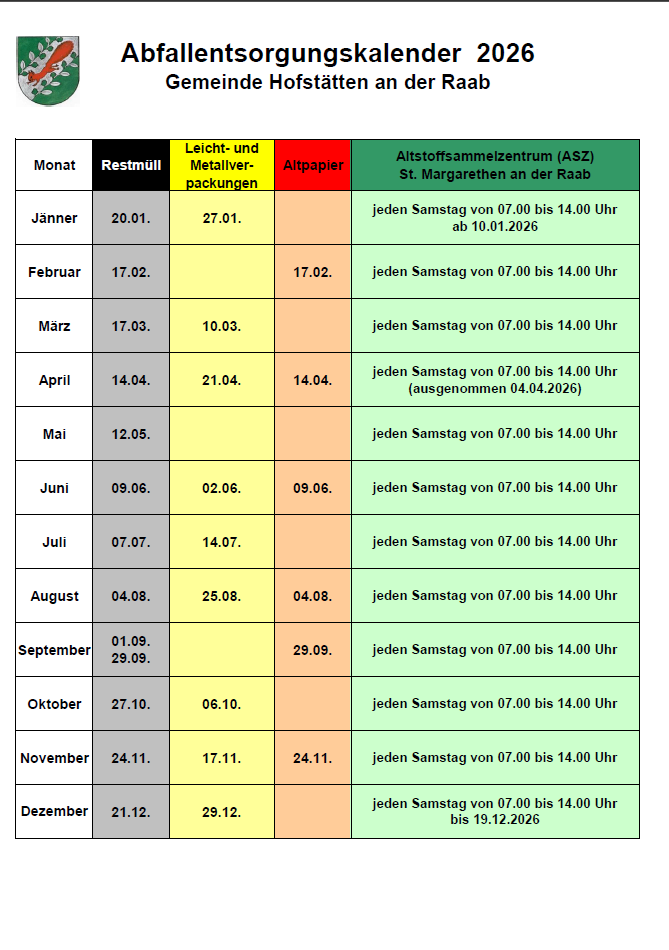 Tabelle mit Abfallsammlungsterminen und -zeiten für verschiedene Materialien. Restmüll wird an bestimmten Terminen im Monat abgeholt, während leichte und metallische Verpackungen, Altpapier und andere Materialien jeden Samstag von 7:00 Uhr bis 14:00 Uhr gesammelt werden. Ausnahmen gelten für bestimmte Termine.