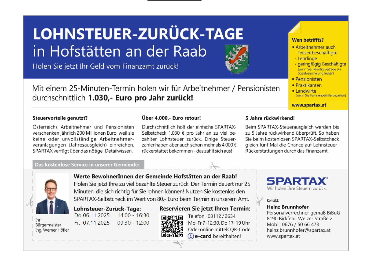 Kommen Sie und holen Sie Ihre Steuerrückerstattung innerhalb eines 25-Minuten-Termins. Für Arbeitnehmer und Rentner bieten wir eine Rückerstattung von bis zu 1.030 Euro pro Jahr. Nutzen Sie den kostenlosen SPARTAX-Selbsteincheck im Wert von 80 Euro beim Termin in unserem Büro.
