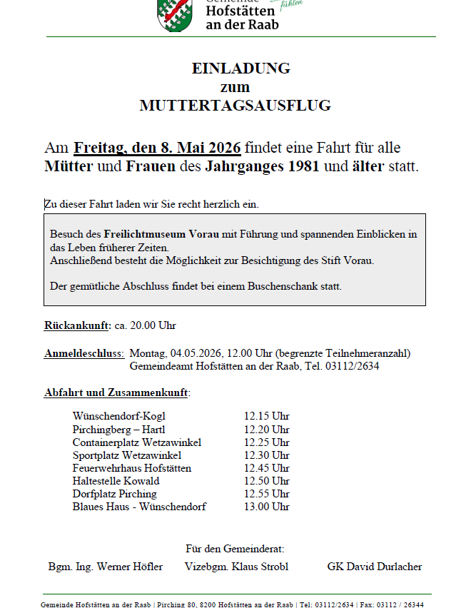 Am Freitag, den 8. Mai 2026, findet eine Fahrt für alle Mütter und Frauen des Jahrgangs 1981 und älter statt. Besuch des Freudenmuseums vorab mit Führung und spannenden Einblicken in das Leben früherer Zeiten. Anschließend besteht die Möglichkeit zur Besichtigung des Stifts.