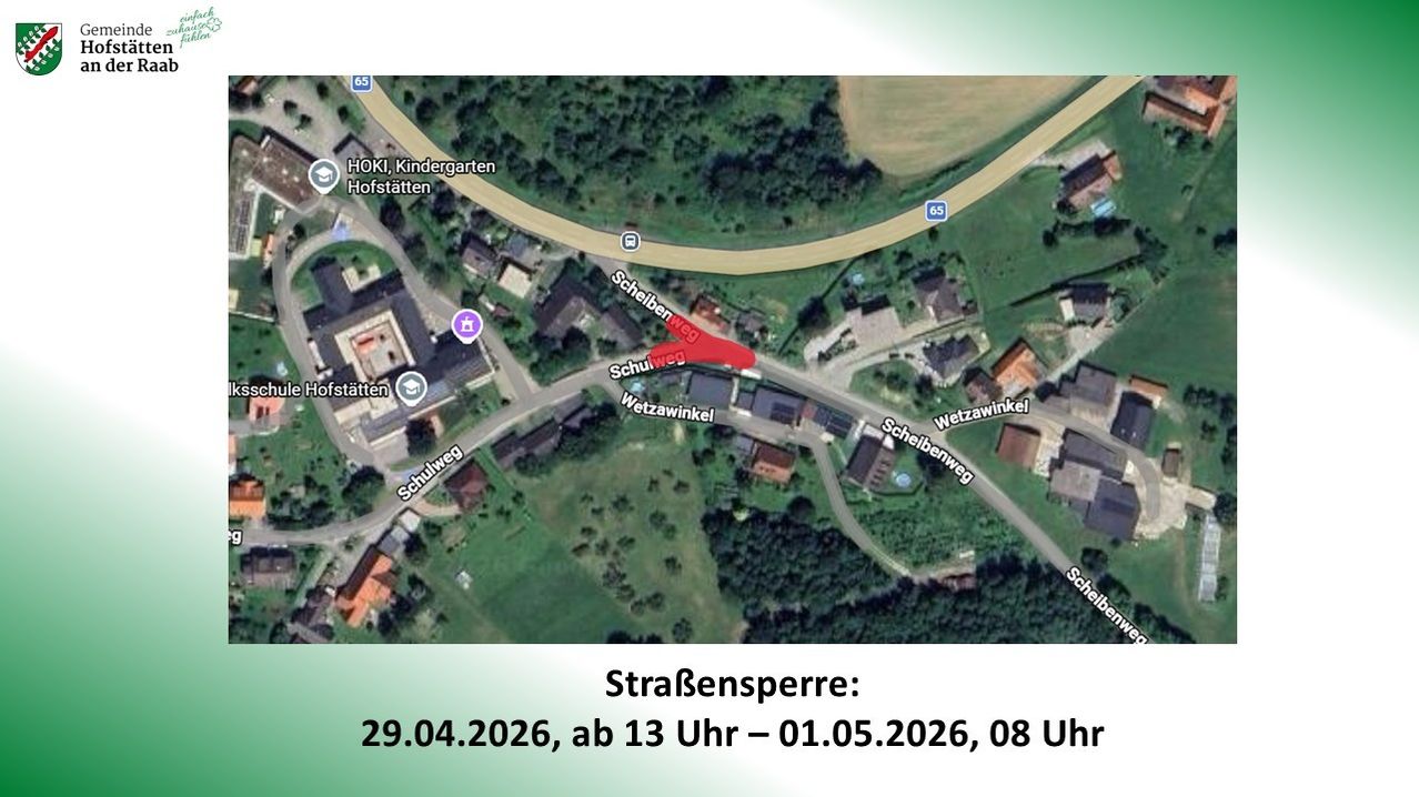 Karte zeigt eine Schule, einen Kindergarten und Straßennamen. Straßensperrung vom 29.04.2026, 13 Uhr bis 01.05.2026, 08 Uhr.
