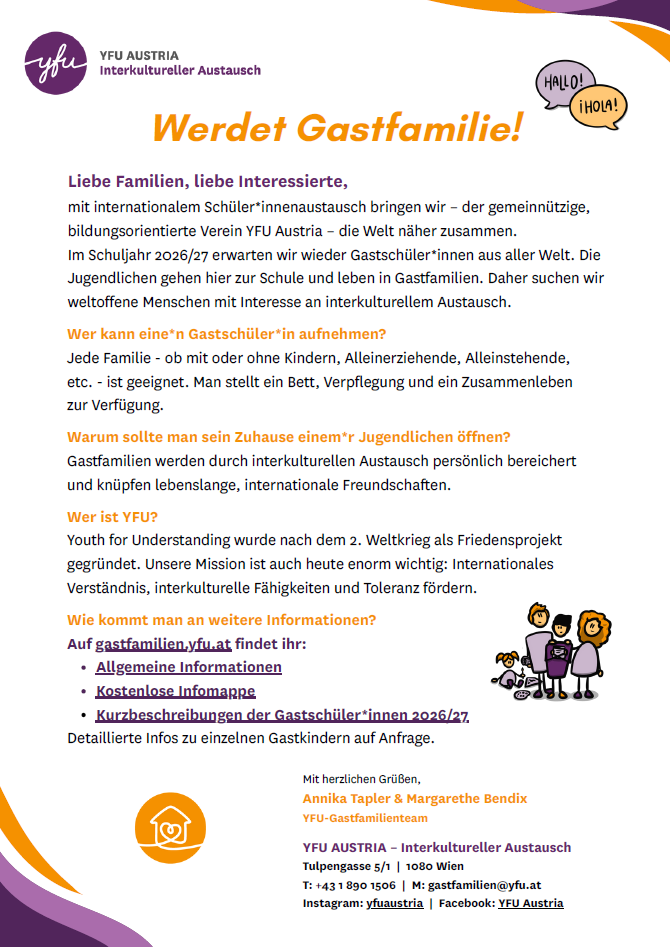 Plakat, das Familien einlädt, internationale Schüler für das Schuljahr 2026/27 aufzunehmen. Details umfassen Vorteile, Anforderungen und Kontaktdaten. Illustration einer Familie mit Kindern.