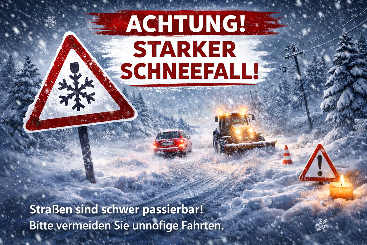 Warnung vor starkem Schneefall. Einige Straßen sind schwer passierbar. Vermeiden Sie unnötige Fahrten. Ein rotes Auto und ein Traktor fahren auf einer verschneiten Straße.