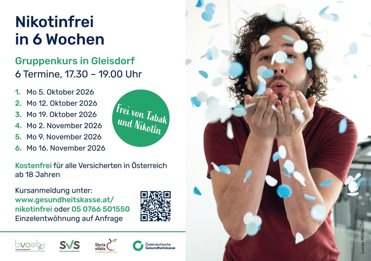 Eine Werbung für kostenlose Tabak- und Nikotinberatungsveranstaltungen in Gleisdorf, Österreich, mit einem Mann und Konfetti um ihn herum und einem QR-Code für weitere Informationen.