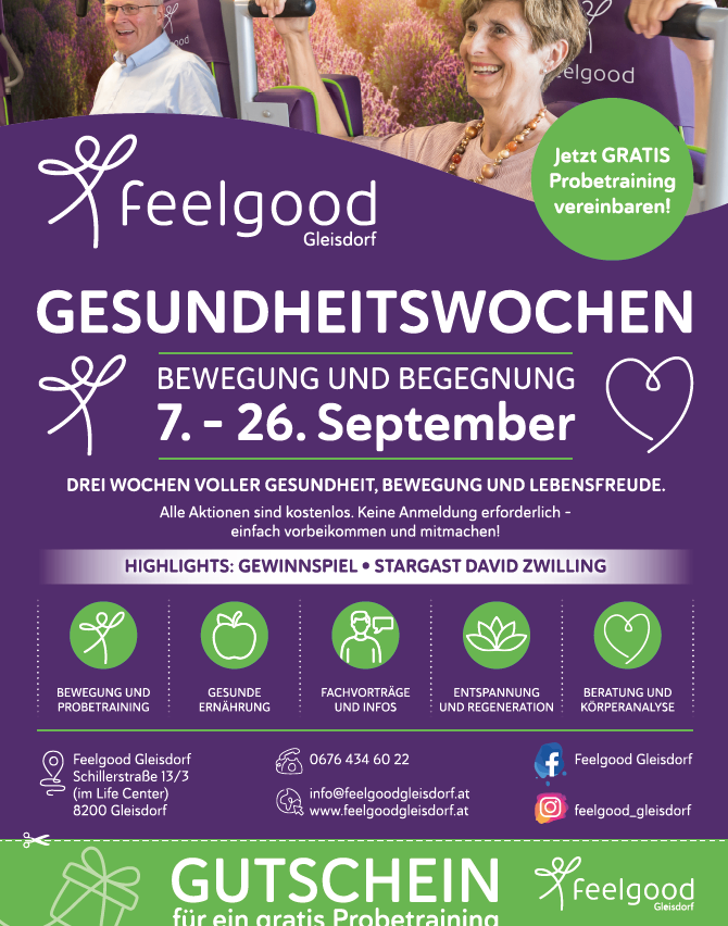Flyer für die Gesundheitswoche von Feelgood Gleisdorf mit einer lächelnden älteren Frau, einem Kalender vom 7. bis 26. September und verschiedenen Aktivitäten wie kostenlose Bewegungs- und Ernährungssitzungen.