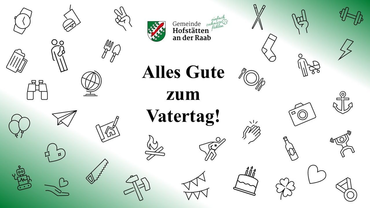 Ein grünes Plakat mit verschiedenen Symbolen und einer Textnachricht 'Alles Gute zum Vatertag!' in fetten Buchstaben. Das Plakat hat einen weißen Hintergrund.