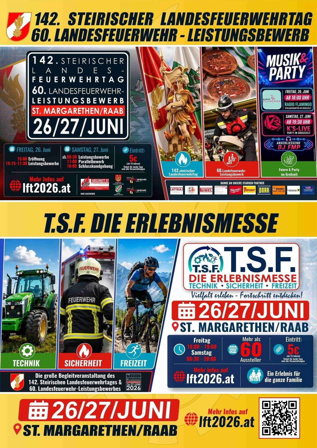 Ein Flyer für eine mehrtägige Veranstaltung namens T.S.F. Die Erlebnismesse in St. Margarethen/Raab. Es bietet Aktivitäten für Technik, Sicherheit und Freizeit. Termine und Zeiten sind angegeben, mit einem Ticketpreis von 5 Euro.