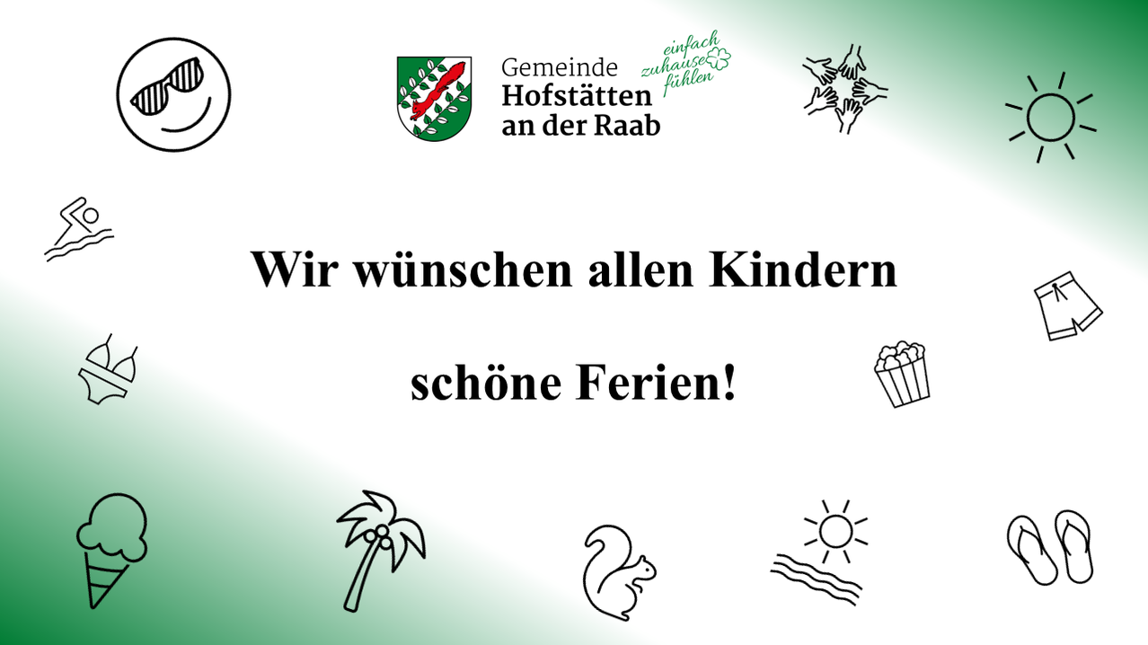Plakat mit einem roten Fuchs-Emblem, Text auf Deutsch und Symbolen einer Palme, eines Eichhörnchens, einer Sonne und Wasserwellen. Die Botschaft lautet 'Wir wünschen allen Kindern schöne Ferien!'.