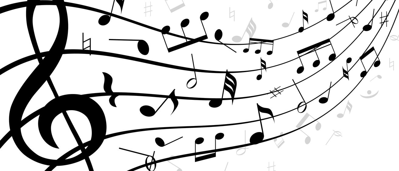 Eine Grafik von Musiknoten in Schwarz und Weiß, die ein wellenförmiges Muster auf weißem Hintergrund bilden. Die Noten beinhalten Violinschlüssel, Kreuze, Bässe und verschiedene Rhythmen.