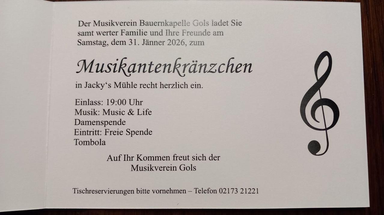 An invitation from the Gols music club, inviting friends and family to a music gathering on January 31, 2026. The event is at Jacky's Mill, starting at 7:00 PM. Music genre is Music & Life. Admission is free.