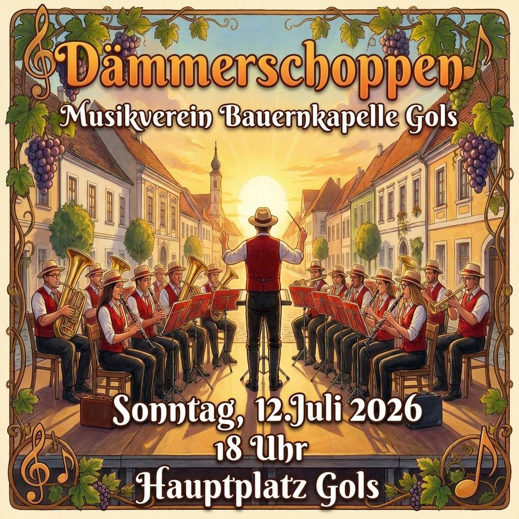 An illustrated poster for a music event by the Dämmerschopp'n Musikverein Bauernkapelle Gols. The poster features a conductor leading a brass band on a stage in front of a town square, with buildings and grapevines in the background. The date and time of the event are displayed prominently.