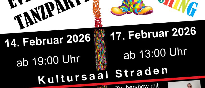 Plakat für Evergreen Tanzparty am 14. Februar 2026 ab 19:00. DJs und Live-Musik. Eintritt 6 €. Vorverkauf 6 €, Abendverkauf 8 €.