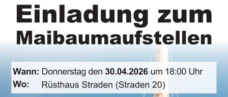 Plakat mit blauem Himmel, einem dekorativen Maibaum mit bunten Bändern und Text über eine Einladung zum Aufstellen des Maibaums am 30.04.2026 um 18:00 Uhr.