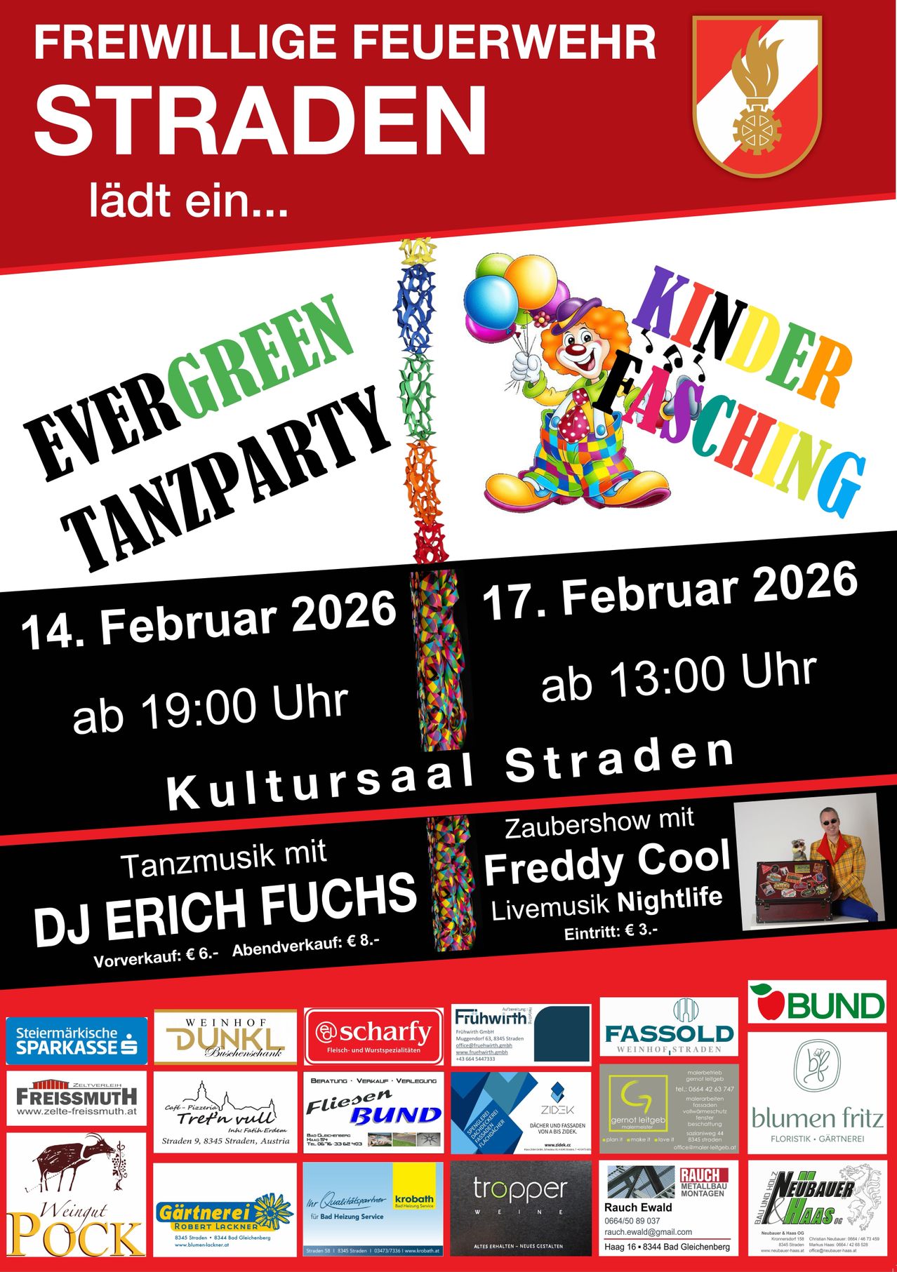 Poster for Evergreen Tanzparty and Kinderfasching. Dates: February 14, 2026, 19:00 and February 17, 2026, 13:00. Location: Kultursaal Straden. DJs: Erich Fuchs. Entry fees: €6 before, €8 at the door.