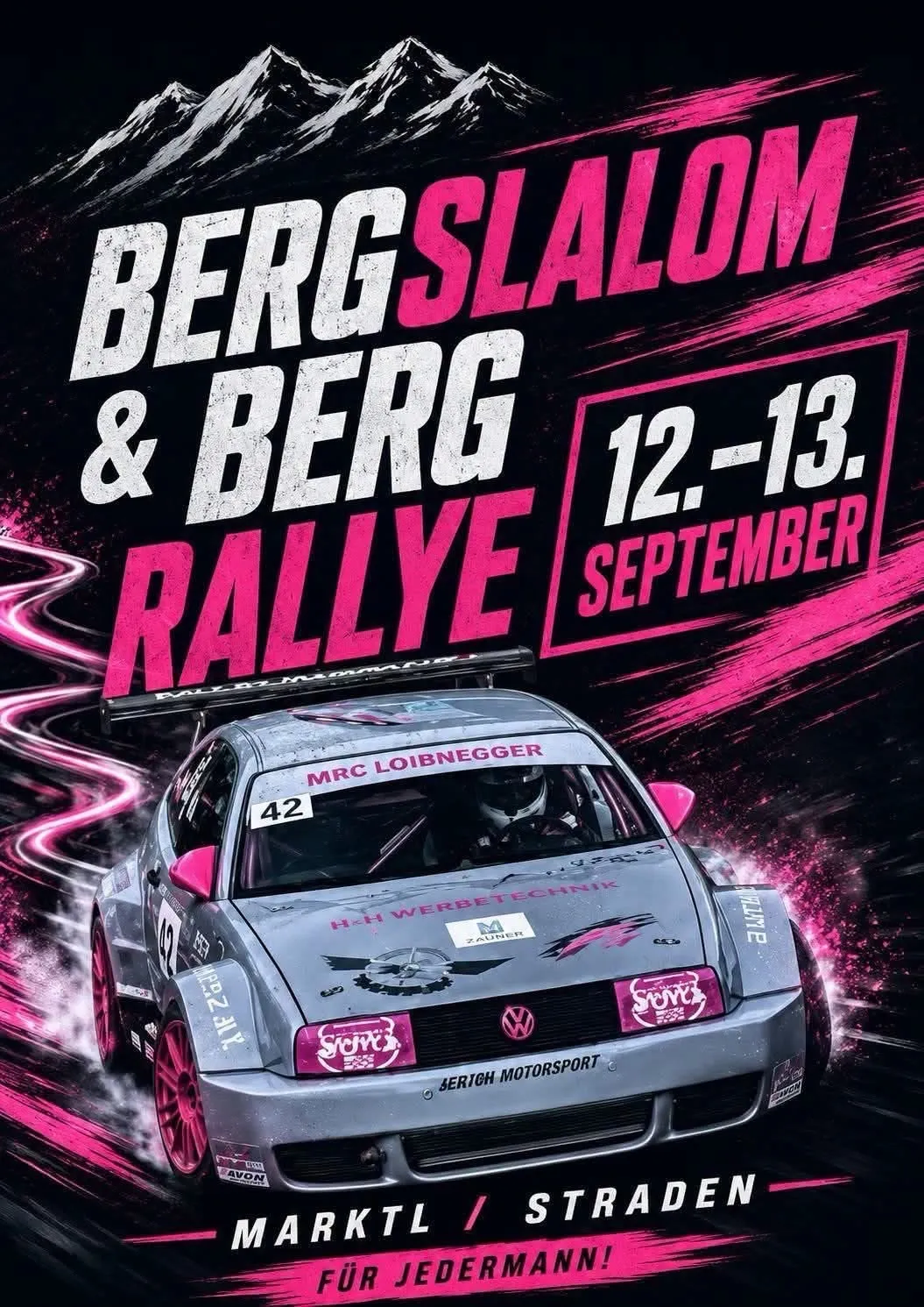 Plakat für das Berg Slalom und Berg Rallye Event am 12.-13. September mit einem Rennwagen auf der Rennstrecke mit pinken Akzenten und einem unscharfen Hintergrund.