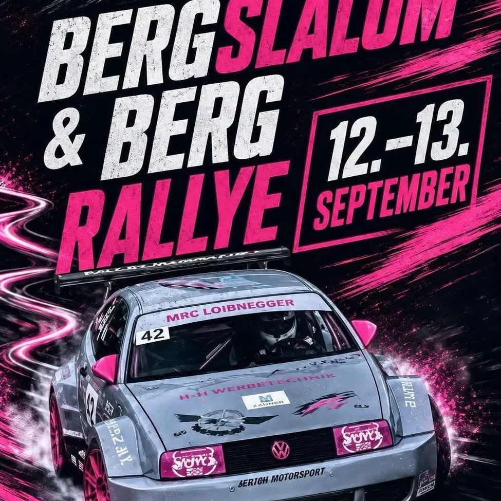 Plakat für das Berg Slalom und Berg Rallye Event am 12.-13. September mit einem Rennwagen auf der Rennstrecke mit pinken Akzenten und einem unscharfen Hintergrund.