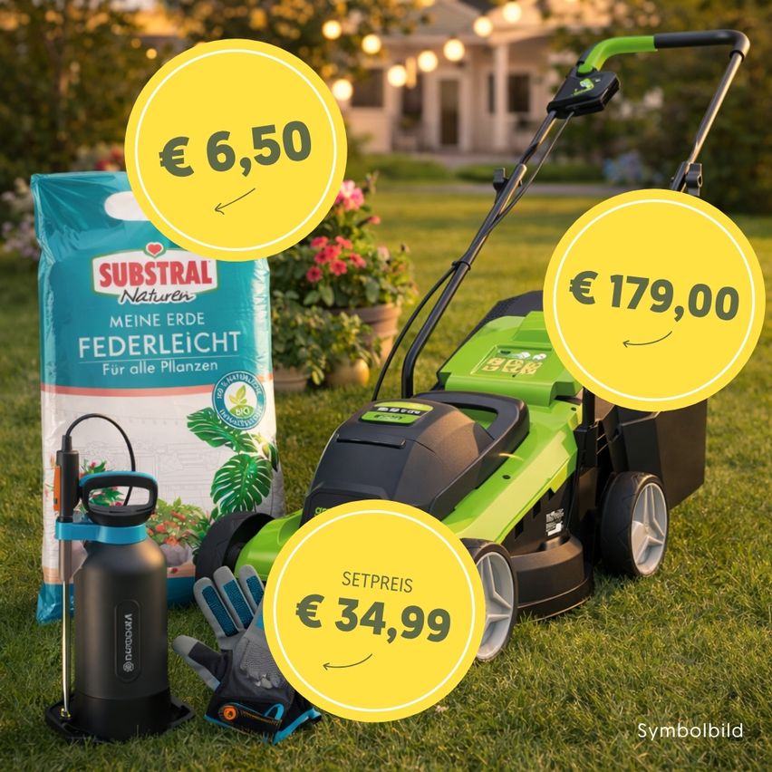 A lawn mower, a bag of fertilizer, and a spray bottle are on the grass. The price of the mower is €179.00, the fertilizer is €6.50, and the spray bottle is €34.99.