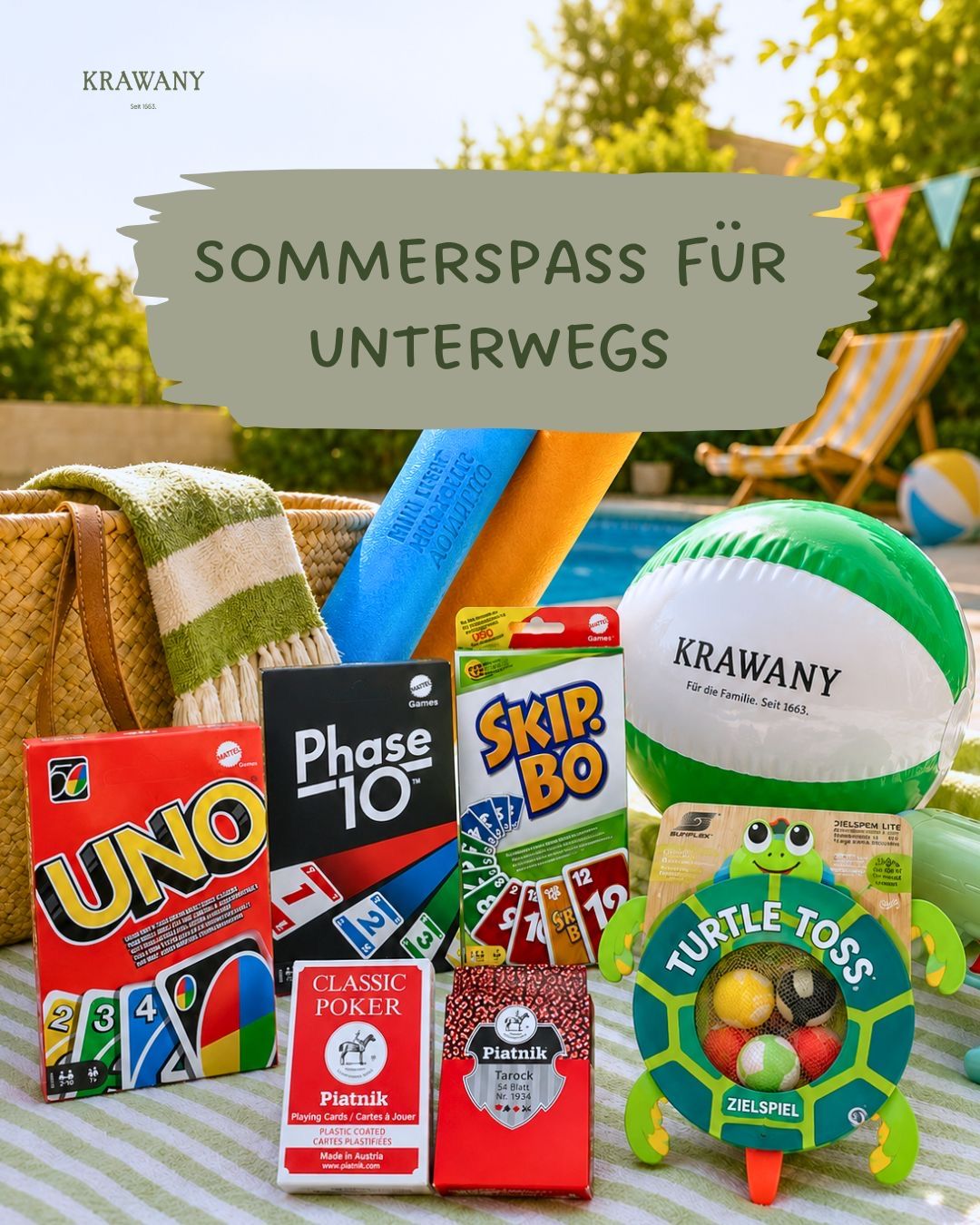Auf dem Bild sind verschiedene Spiele und Sommerspielzeuge zu sehen.