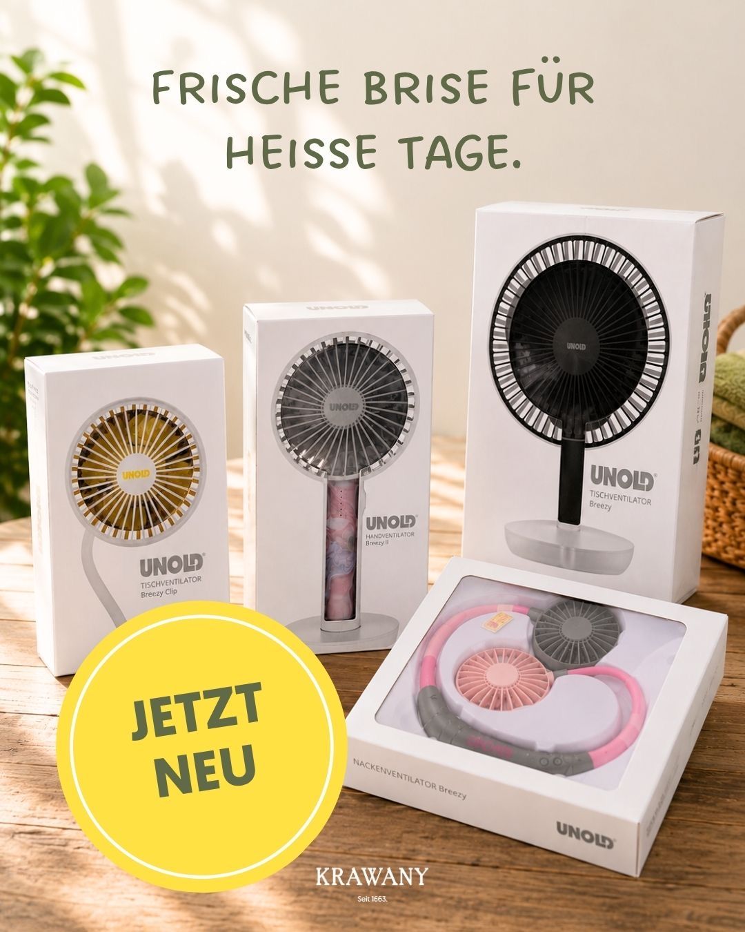 Vier UNOLD Ventilatoren in ihrer Originalverpackung auf einem Holztisch.