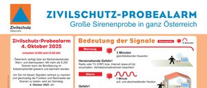 Ein Flyer für einen Zivilschutz-Probealarm im Oktober 2025. Er erklärt die Bedeutung der Sirenensignale, Warnung, Alarm und Ende der Alarm mit Symbolen. Es werden auch eine Servicetelefonnummer und eine Website bereitgestellt.