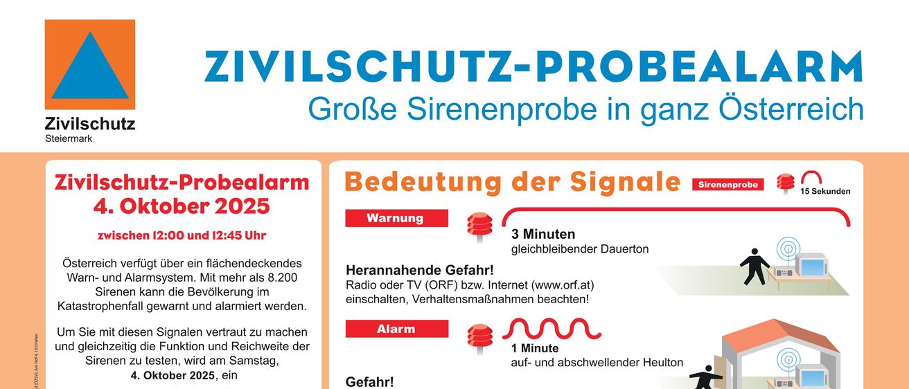 Ein Flyer für einen Zivilschutz-Probealarm im Oktober 2025. Er erklärt die Bedeutung der Sirenensignale, Warnung, Alarm und Ende der Alarm mit Symbolen. Es werden auch eine Servicetelefonnummer und eine Website bereitgestellt.