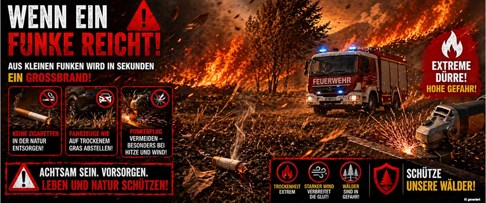 Ein Feuerwehrwagen fährt auf einer unbefestigten Straße mit einem brennenden Wald im Hintergrund. Links sind Warnschilder zu sehen, darunter ein Verbotsschild für Fahrzeuge, die auf trockenem Gras fahren dürfen, und rechts Warnungen für extreme Hitze, stärkeren Wind und Wälder in Gefahr.