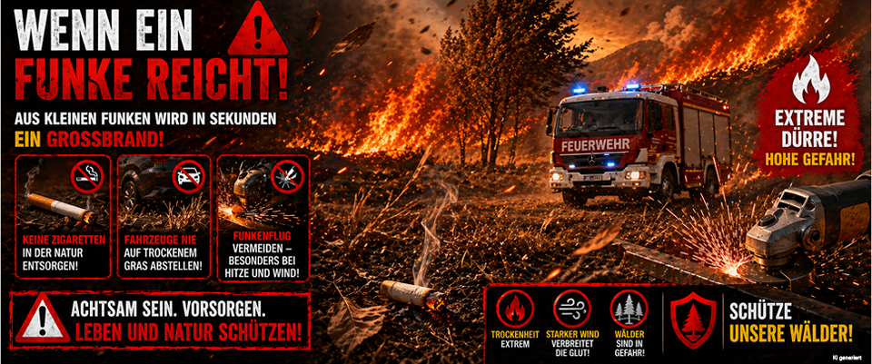 Ein Feuerwehrwagen fährt auf einer unbefestigten Straße mit einem brennenden Wald im Hintergrund. Links sind Warnschilder zu sehen, darunter ein Verbotsschild für Fahrzeuge, die auf trockenem Gras fahren dürfen, und rechts Warnungen für extreme Hitze, stärkeren Wind und Wälder in Gefahr.