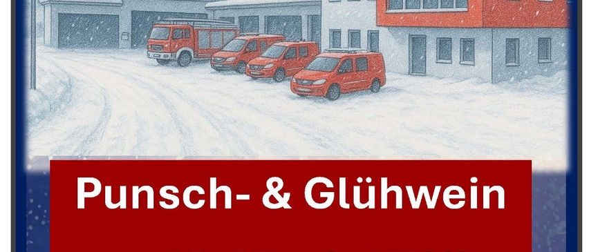 Eine Feuerwache im schneebedeckten Wetter mit vier roten Vans davor. Es steht 'Freiwillige Feuerwehr Alland' auf dem Gebäude. Veranstaltungsankündigung unten für Glühwein und Glühbier am 12.12. ab 17 Uhr.