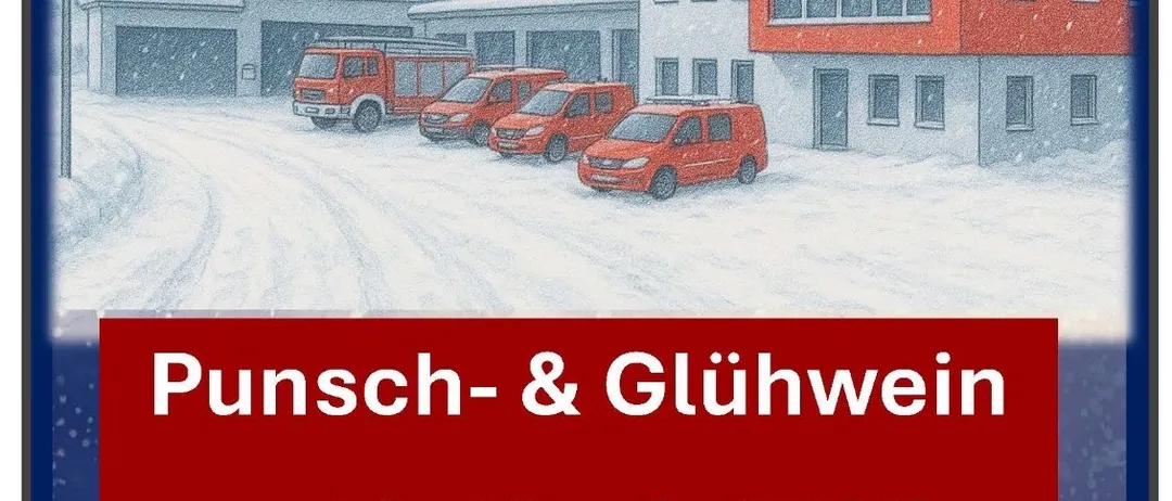 Eine Feuerwache im schneebedeckten Wetter mit vier roten Vans davor. Es steht 'Freiwillige Feuerwehr Alland' auf dem Gebäude. Veranstaltungsankündigung unten für Glühwein und Glühbier am 12.12. ab 17 Uhr.